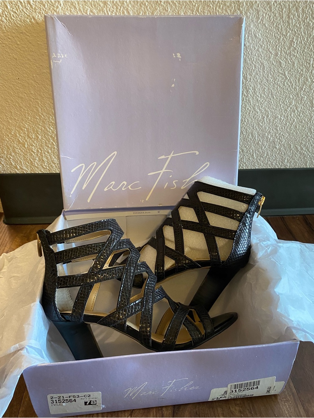 Marc Fisher Black Textured Cage Heeled Sandals